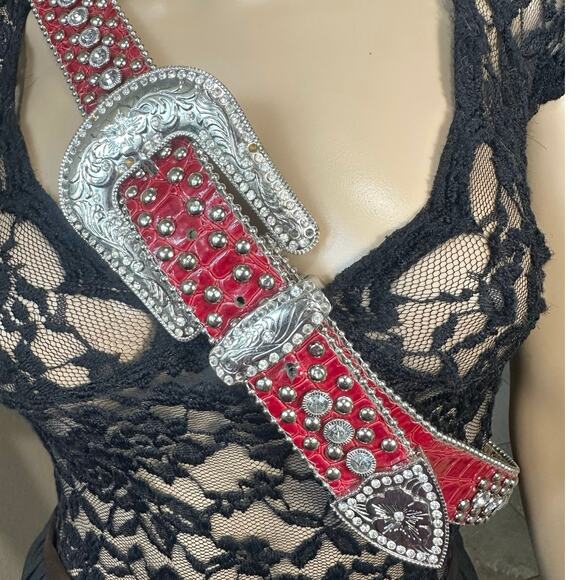 Vintage Red Genuine Leather Rhinestone
Studded Western Cowgirl Belt XL 46-49” - Picture 1 of 10